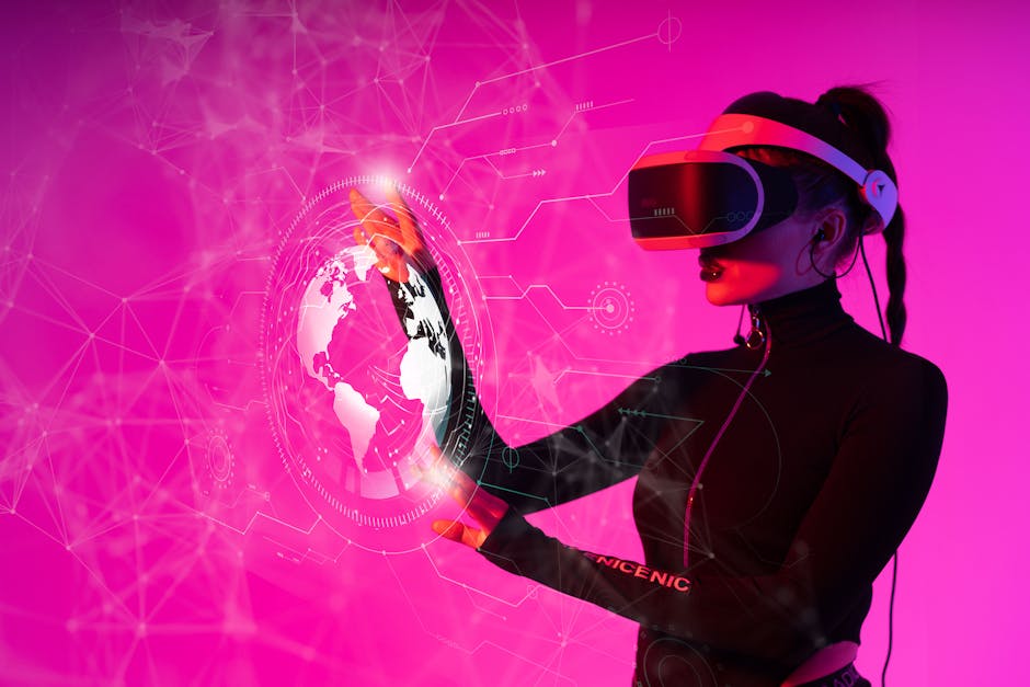Žena u interakciji s VR hologramom u futurističkom studiju